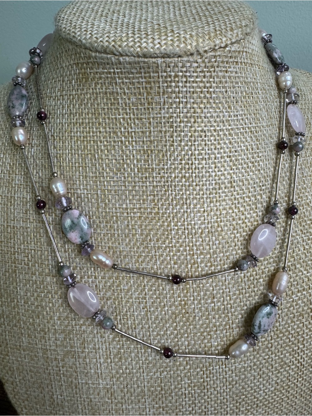 Handcrafted Pink Rose Quartz & Freshwater Pearl Necklace with Garnets
